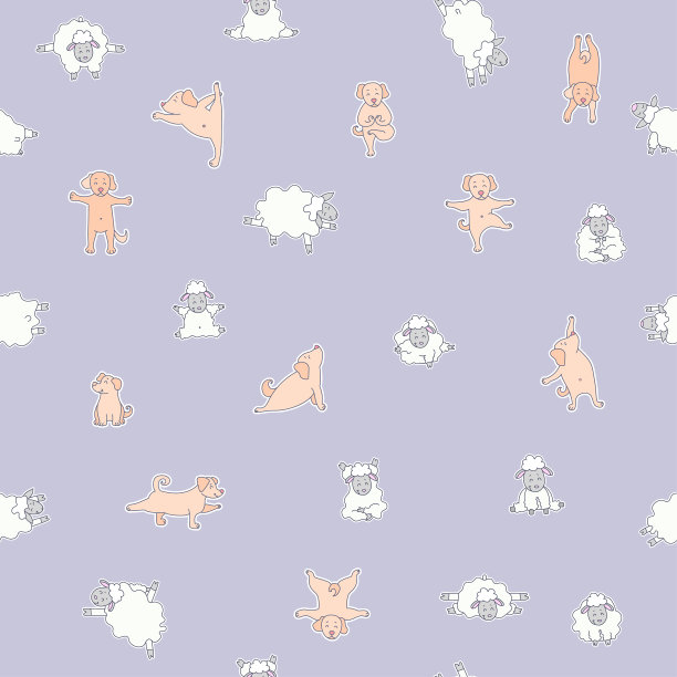 无缝模式。宠物和农场动物的瑜伽。可爱的小狗和小羊练习健身、体操和站立体式。矢量插图。哺乳动物贴在紫色的背景上。图片下载