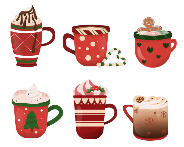 一套圣诞冬季热饮。冬季圣诞杯套。可可加棉花糖，暖冬饮料和一杯热咖啡。矢量图图片下载