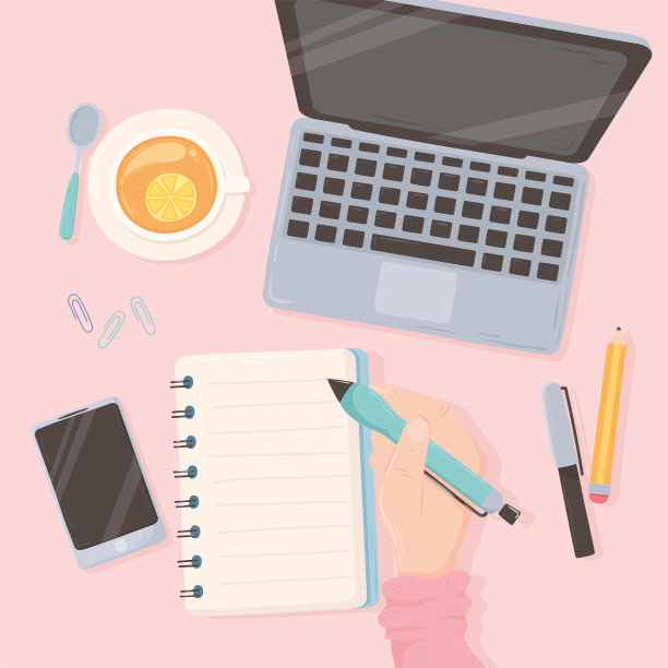 工作空间办公室手持笔、笔记本电脑、纸电话和茶杯，俯视图设计图片下载