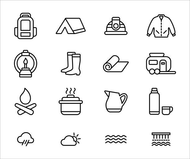 简单的露营装备相关矢量图标用户界面图形设计。包含如背包，帐篷，头盔，夹克，靴子，油灯，垫子，拖车，热水瓶，天气，河流等图标图片下载