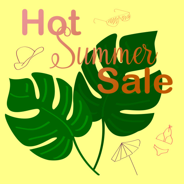 酷暑折扣概念。怪兽树叶，夏天海滩上的东西。图片下载