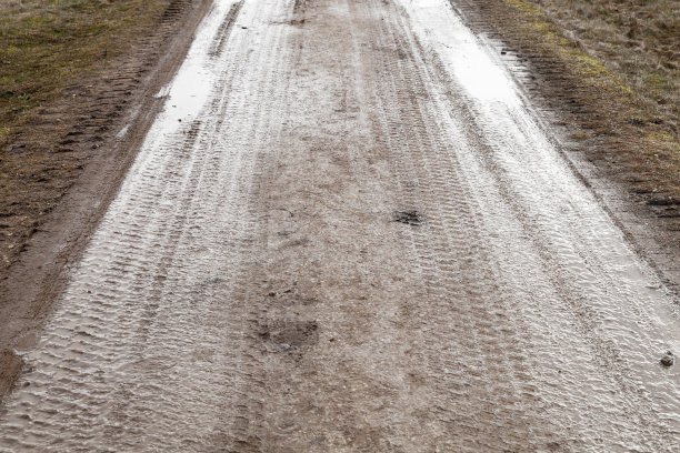 潮湿的乡村道路透视与轮胎痕迹图片下载