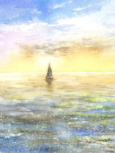 日落海景的水彩插图。图片下载