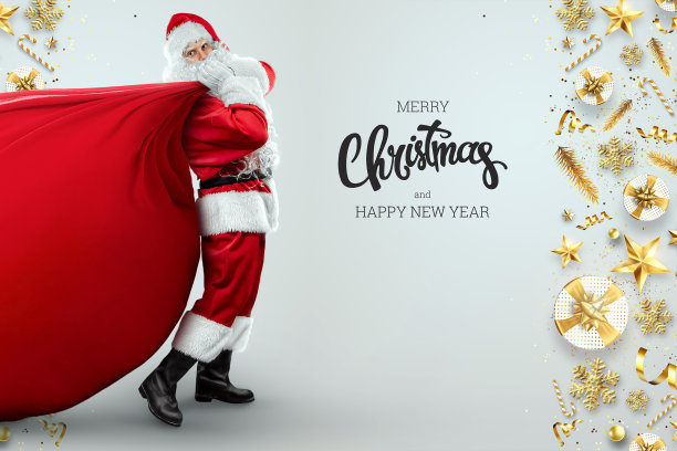 喜庆的圣诞老人，身穿红色套装，背景为浅色，题词为“圣诞快乐”。混合媒体。圣诞节前夕、假期节日banner概念。3D图，3D渲染。图片下载
