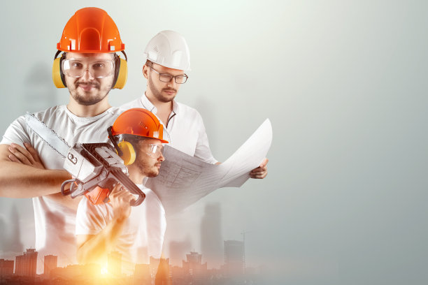 男性建筑师，建筑工人，杂务工，灯光背景。建筑、建筑、设计、商业的概念。混合环境，双重曝光。图片下载