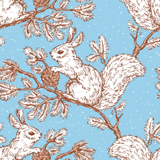 无缝图案绘制松鼠与冷杉图片下载