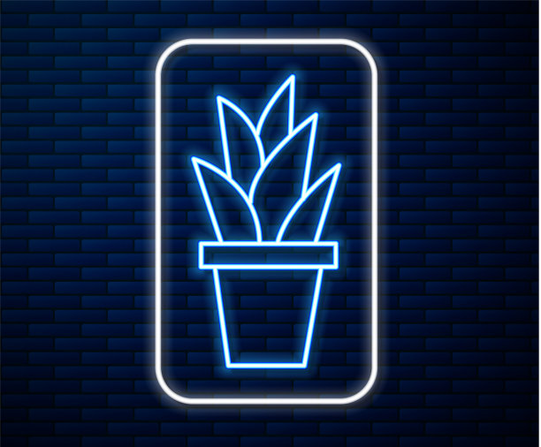 发光的霓虹灯线植物在花盆图标孤立上图片下载