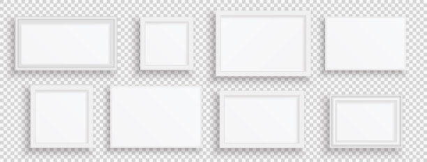 白色相框。现实的木制或塑料图片边框，3D极简主义横幅模型。方形形状与复制空间上透明的背景。矢量室内装饰集图片下载