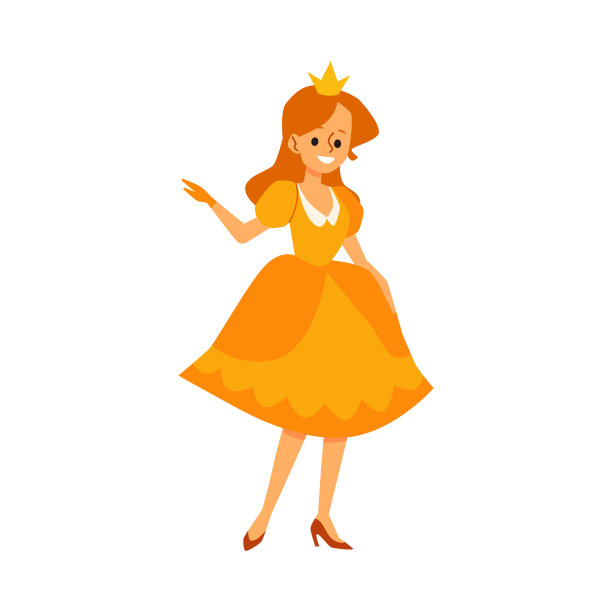 可爱的公主在舞会礼服和金色皇冠平面插图孤立。图片下载