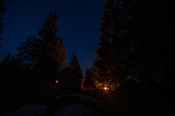一群人坐在篝火前的山小屋外面的一个晴朗的夜空和星星被树包围在Kitzbühel，奥地利图片下载