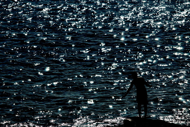 黑色剪影和海军蓝海水与阳光的反射图片下载