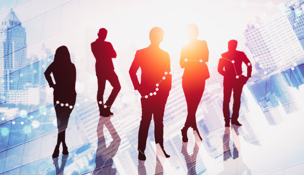 以城市为背景，塑造了众多商业人士聚在一起的抽象形象图片下载