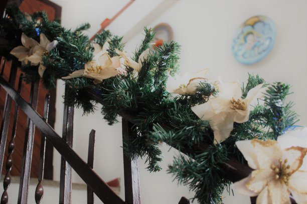在一间私人住宅的楼梯上，为庆祝圣诞节而装饰着松木、彩灯和白花图片下载