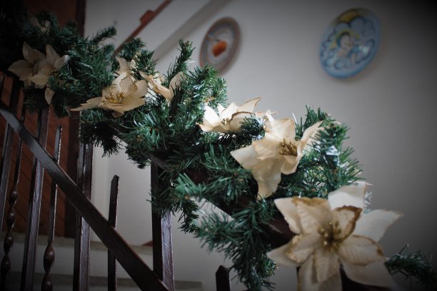 在一间私人住宅的楼梯上，为庆祝圣诞节而装饰着松木、彩灯和白花图片下载