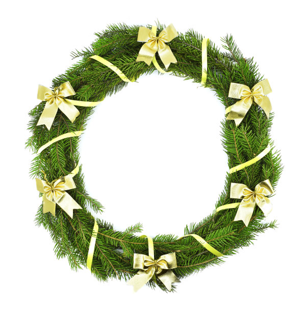 用天然冷杉树枝制成的圣诞花环，用白色背景上的金色蝴蝶结装饰。圣诞假期。图片下载