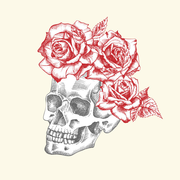 手绘的人形头骨和花环。红色玫瑰有趣的人物黑色图形雕刻艺术孤立在白色背景。复古风格。向量图片下载
