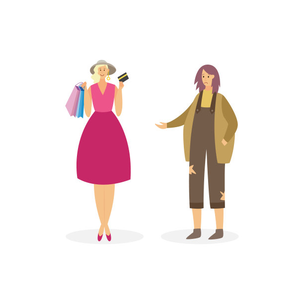 卡通人物的悲伤贫穷和快乐的富有的年轻女子一个矢量插图。图片下载