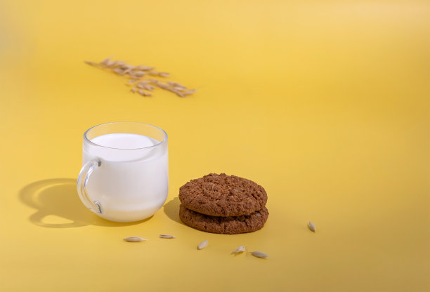 一杯牛奶和燕麦饼干在黄色的背景图片下载