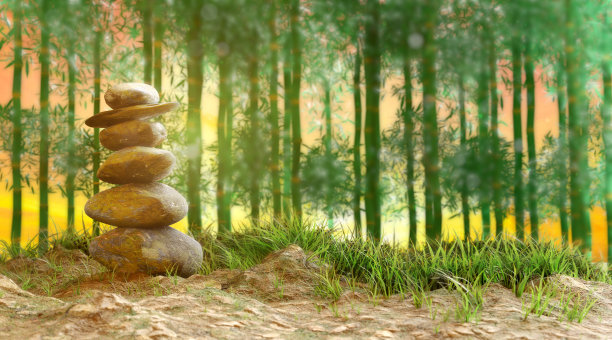 竹园背景中的绿叶禅宗石。三维渲染图片下载