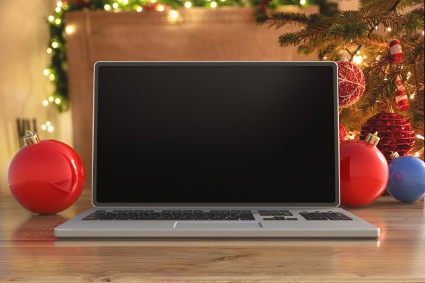 黑屏笔记本电脑，圣诞装饰品。三维演示图片下载