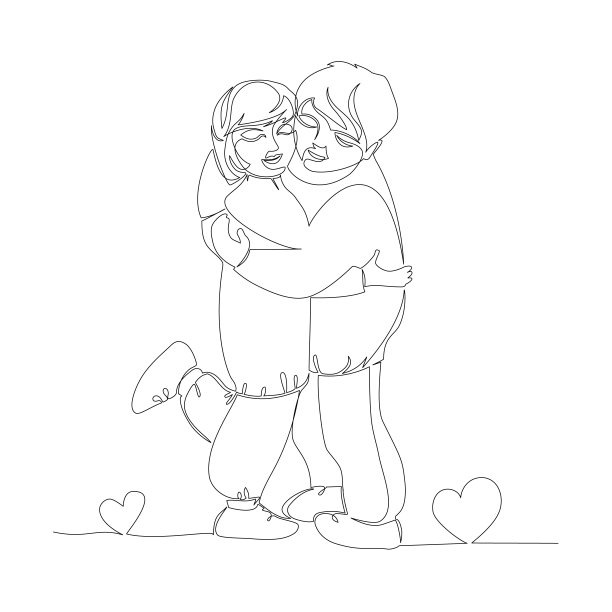 画一条实线。一对在白色背景上孤立的相爱的夫妇的轮廓。矢量插图与一个不间断的轮廓。模板为您的设计作品。图片下载
