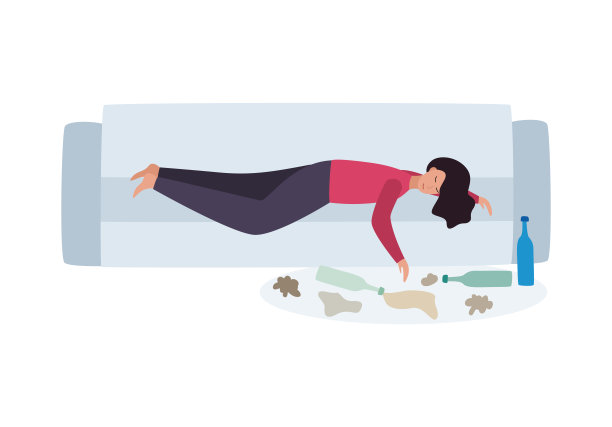 酒醉女子嗜酒成瘾躺在沙发上，病媒插图孤立。图片下载