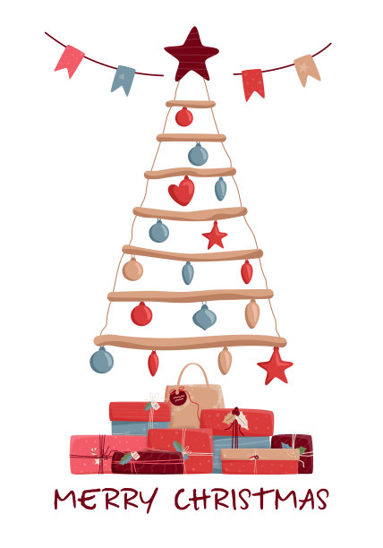 极简装饰圣诞树与礼品盒，星星，装饰球和花环图片下载