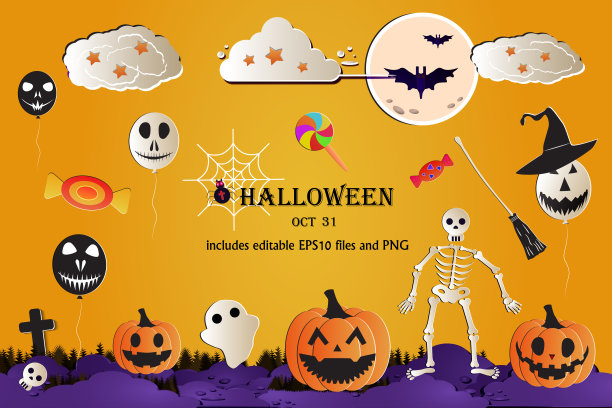 矢量万圣节插图在黄色的背景。鬼，骷髅，蝙蝠，南瓜，怪物气球，蜘蛛网。每股收益10。图片下载