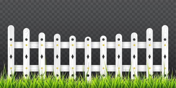 白色的木栅栏和绿色的草。矢量插图孤立在透明背景上图片下载