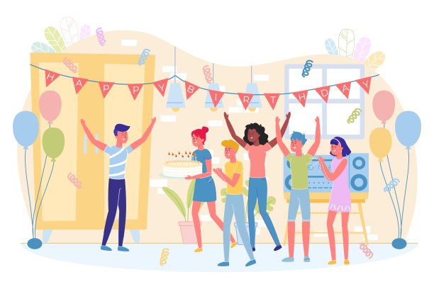 公司有惊喜派对的朋友，卡通。图片下载