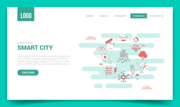 智慧城市概念天际线建筑太阳能电池板树相机智能手机连接服务器与圆形图标为网站模板或登陆页面横幅主页轮廓风格图片下载