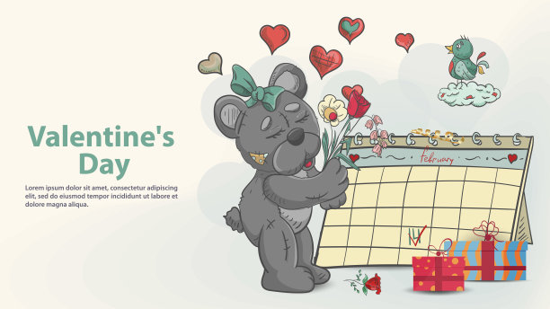 情人节贺卡设计插画风格的儿童涂鸦玩具泰迪熊女孩站在日历旁边，手持一束鲜花图片下载