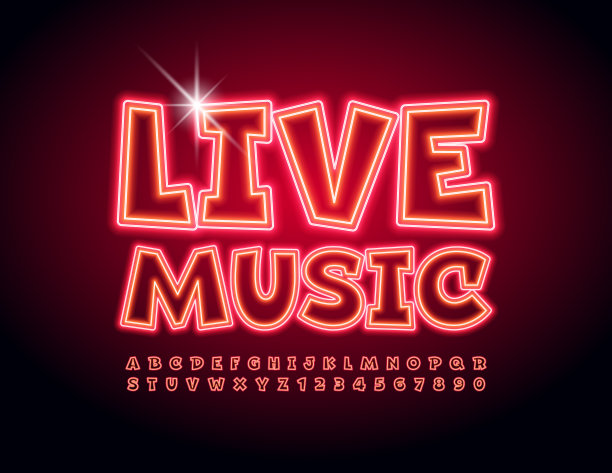 矢量事件传单现场音乐。红色霓虹灯字母和数字集图片下载