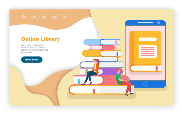 在线图书馆网站模板。书籍，人们用笔记本电脑下载在线图书馆，自我提升图片下载