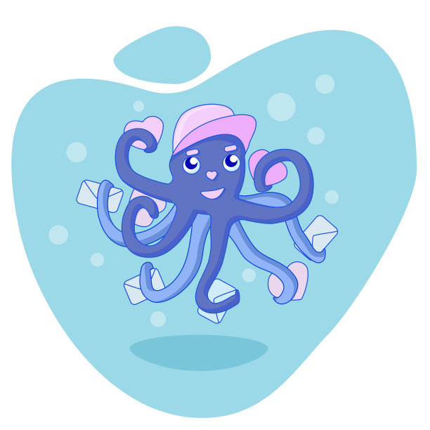 可爱的卡通章鱼在情人节扮演邮递员。章鱼的触须上有心形和字母。矢量插图在平面风格。情人节贺卡的设计。图片下载