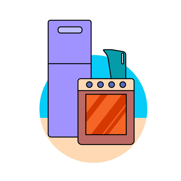厨房电器的单一图标。圆形图标与炉子，冰箱和水壶孤立在白色背景。矢量插图在平面风格图片下载