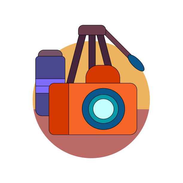 照片设备的单一图标。一个带有三脚架、相机和镜头的圆形图标被隔离在白色背景上。矢量插图在平面风格图片下载