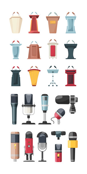 会议阶段。演讲者的讲台，带麦克风的商业论坛，时尚观众向量图片下载