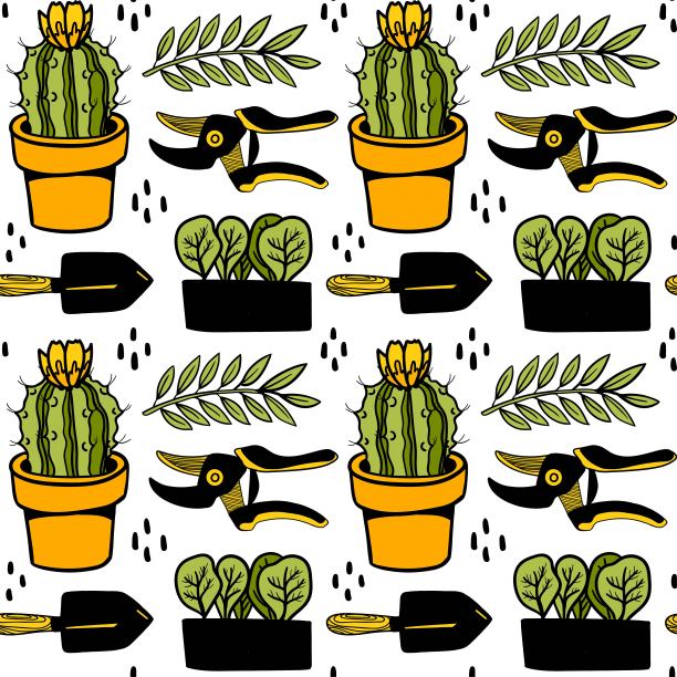 无缝矢量图案仙人掌，盆栽植物，铲子，除草机图片下载