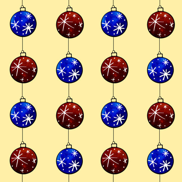 无缝图案与悬挂水彩圣诞树球。手绘新年，圣诞节的背景和纹理。用于贺卡，包装纸，包装，织物，日历，印刷品图片下载