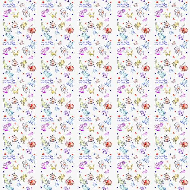 不同色彩斑斓的猫，无缝手绘图案，创意幼稚的纹理图片下载