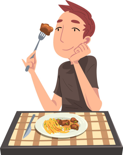 年轻人愉快地吃着薯条和肉图片下载