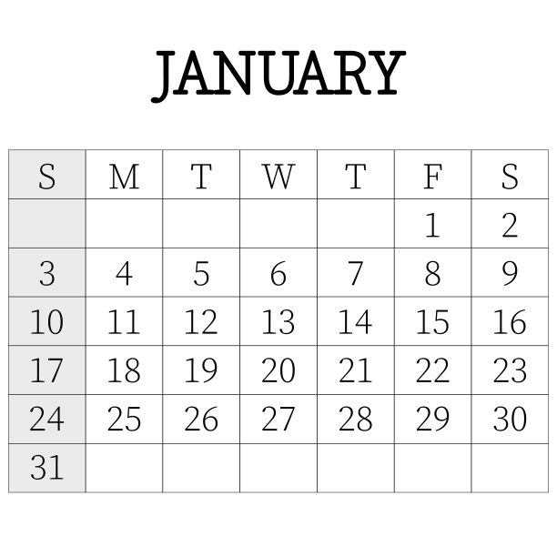 2021年日历计划。1月。公司一周。模板布局，每年12个月，白色背景。简单设计的商业小册子，传单，印刷媒体，广告。一周从星期天开始。图片下载