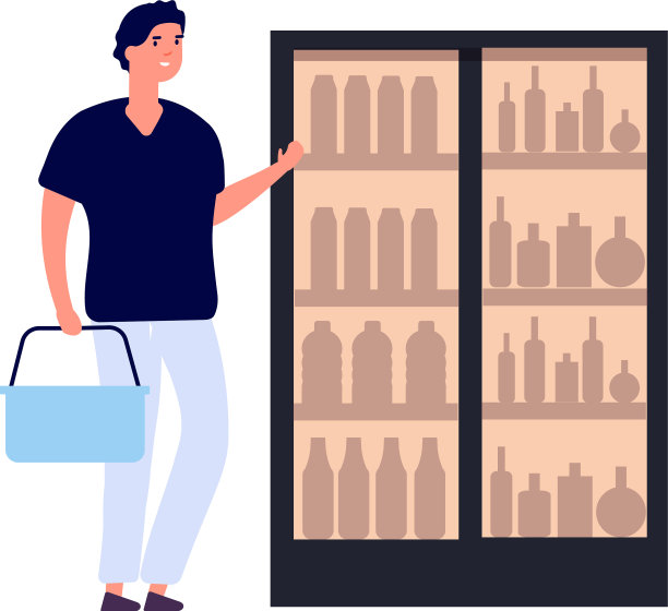 购物者和冰箱员购买饮料扁平风格图片下载