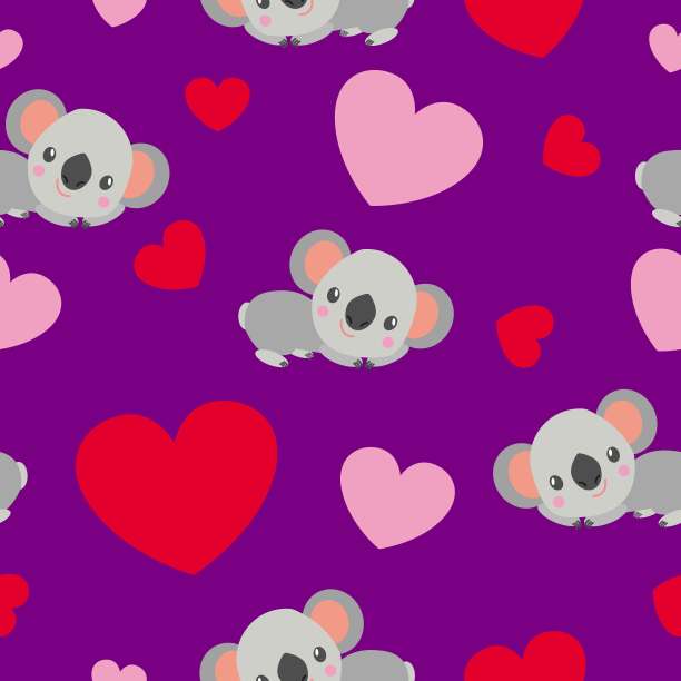 情人节。无缝模式。小考拉躺着，微笑着。卡通风格。有趣和可爱。红色、粉色的心。紫色的背景。明信片、墙纸、纺织品、包装纸。爱和浪漫图片下载