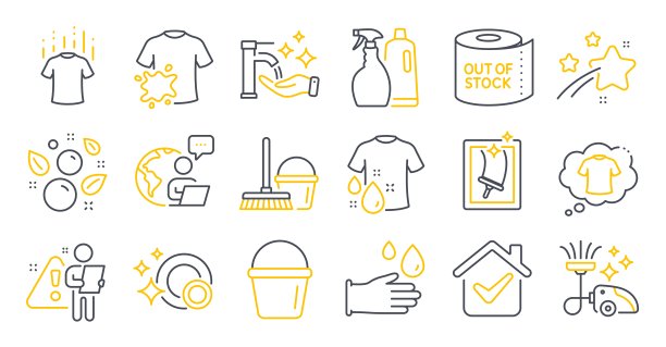 一套清洁图标，如t恤，洗t恤，洗发水和喷雾符号。向量图片下载