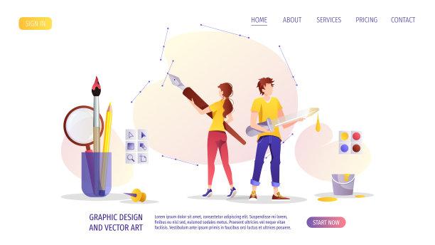 在图形编辑器中使用钢笔和滴管画画的人。数字插画师，矢量艺术家，平面设计，创意概念。图片下载