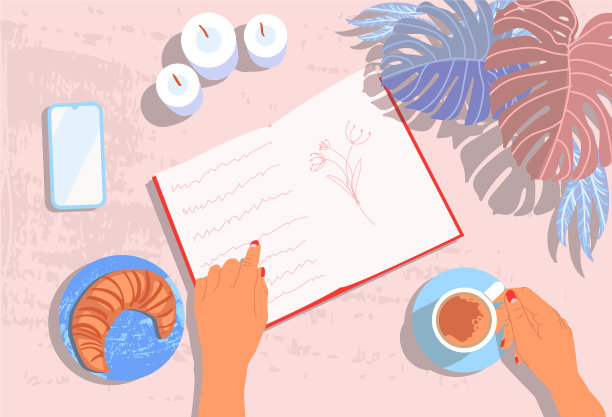 俯视图女人手里拿着书和咖啡杯图片下载