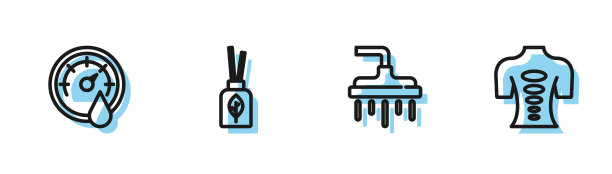 设有淋浴喷头、桑拿温度计、芳香扩散器、按摩石治疗图标。向量图片下载