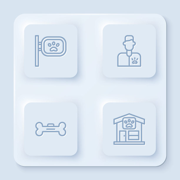 设行宠物美容，兽医，狗骨和。白色正方形按钮。向量图片下载